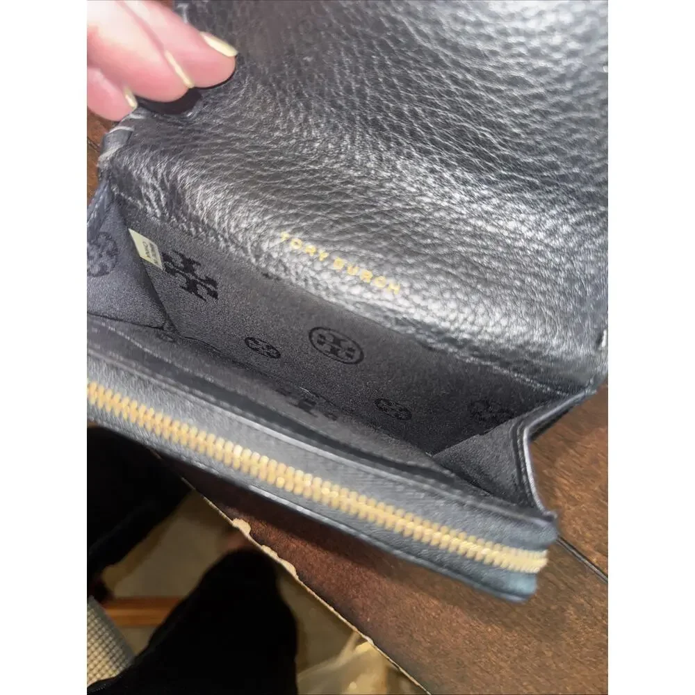 Tory Burch Wristlet Wallet Pebbled Leather Black Small Gold Hardware